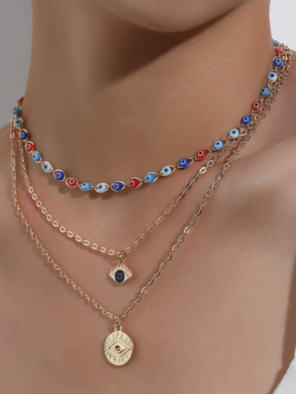 Gold Multi-Layer Evil Eye Necklace with Blue and Red Beads